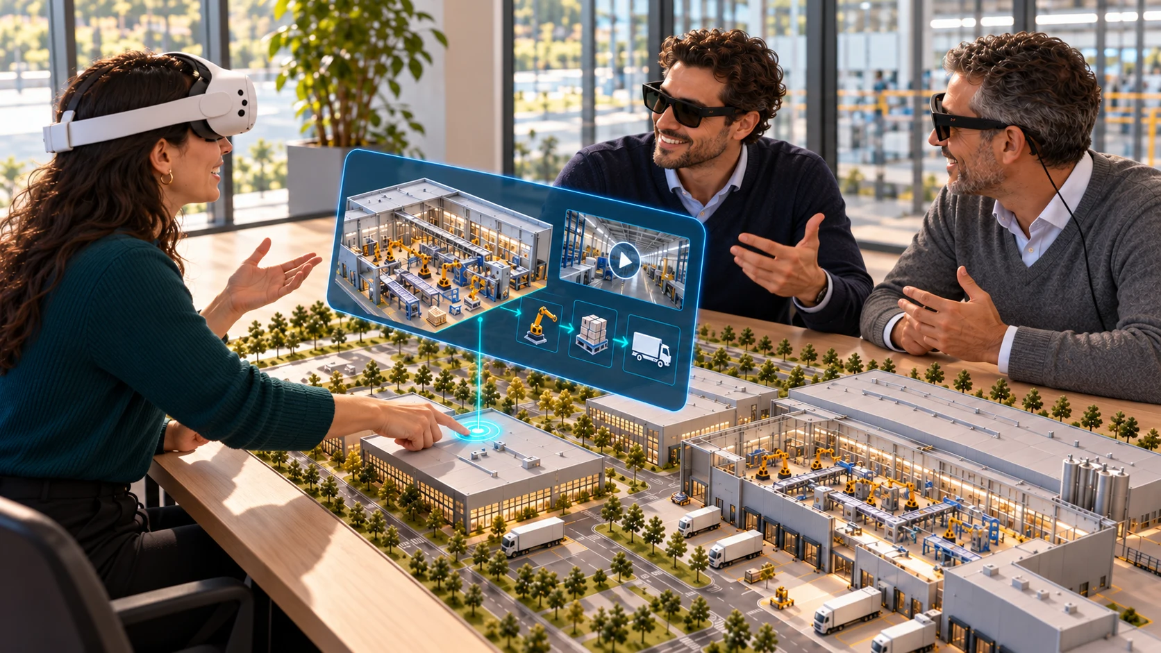 En entreprise, une personne sélectionne un bâtiment de la maquette industrielle tout en regardant son interlocuteur pendant leur échange.