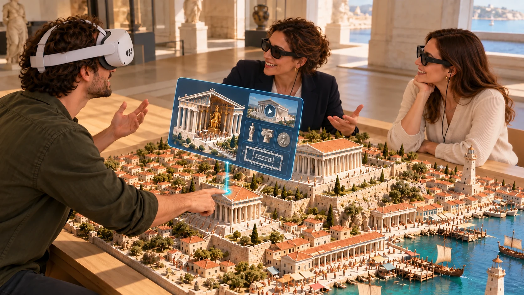 Au musée, un participant touche un bâtiment de la cité miniature tout en échangeant face à face avec la médiatrice. Une fiche apparaît au-dessus de l’objet.
