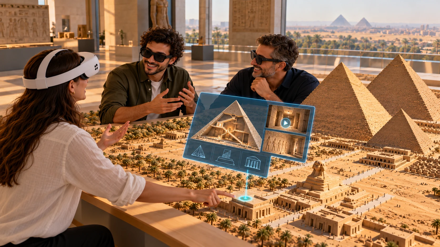 Aux pyramides d’Égypte, un participant touche un monument de la maquette tout en échangeant avec le guide qui lui fait face. Une fiche contextuelle flotte au-dessus du monument.