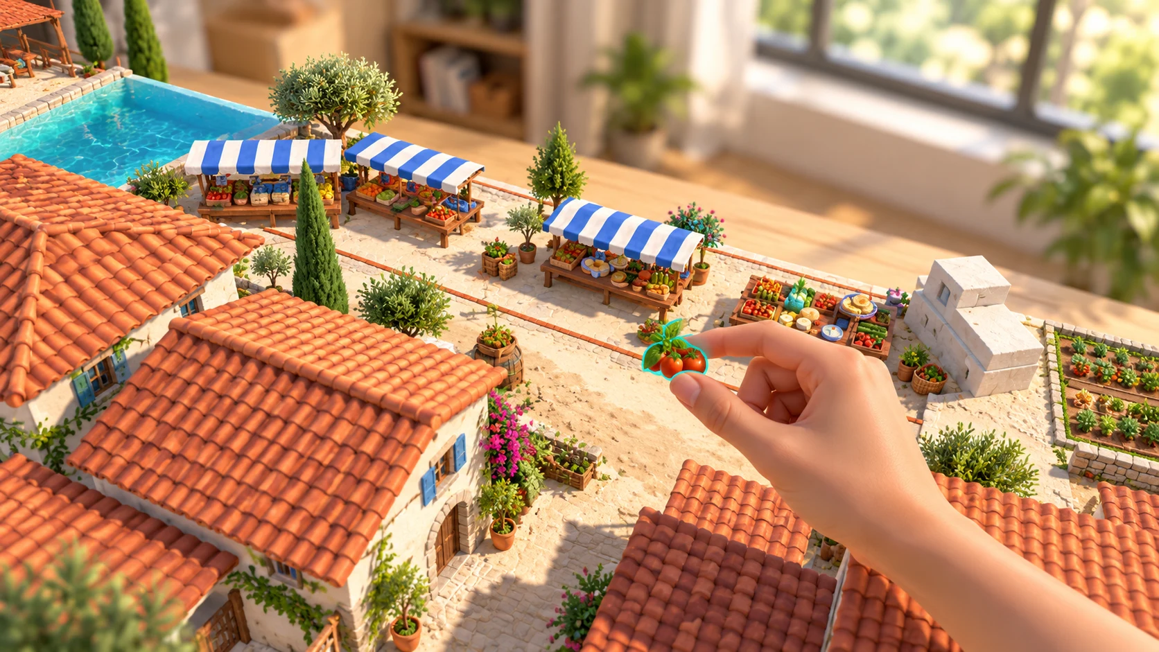 Illustration d’un village méditerranéen miniature avec des marchés, des maisons et un geste de sélection à la main.